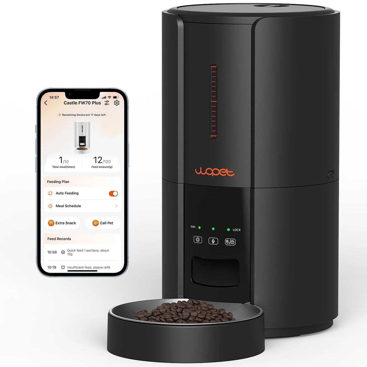 Automatic Pet Feeder with Portion Control, Meal Call, and Backup Power, Black