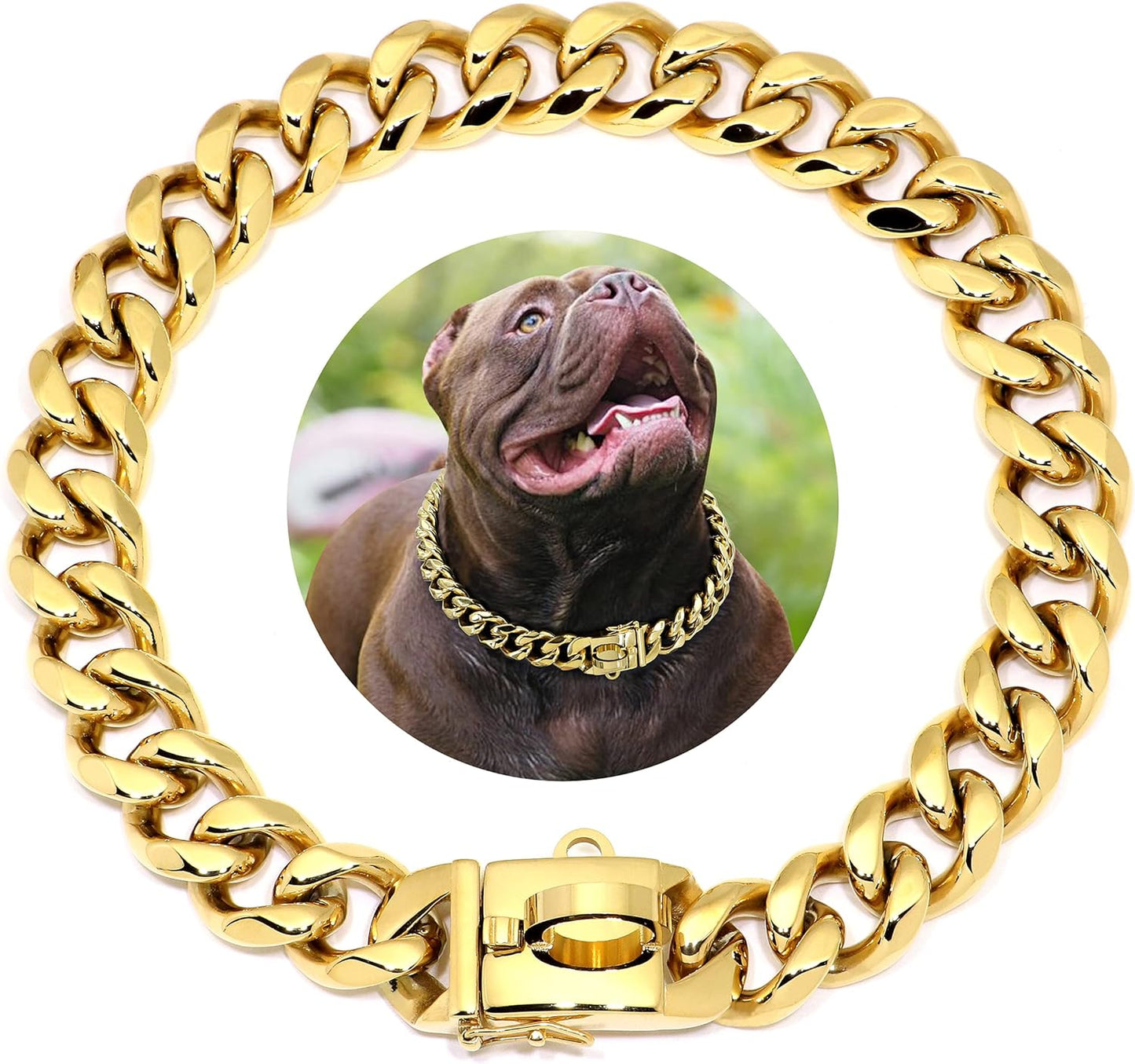 Gold Dog Chain Collar,Metal Choke 19Mm Collar with Design Secure Buckle, Stainless Steel 18K Cuban Link for Small Medium Large Dogs Walking Training,19"