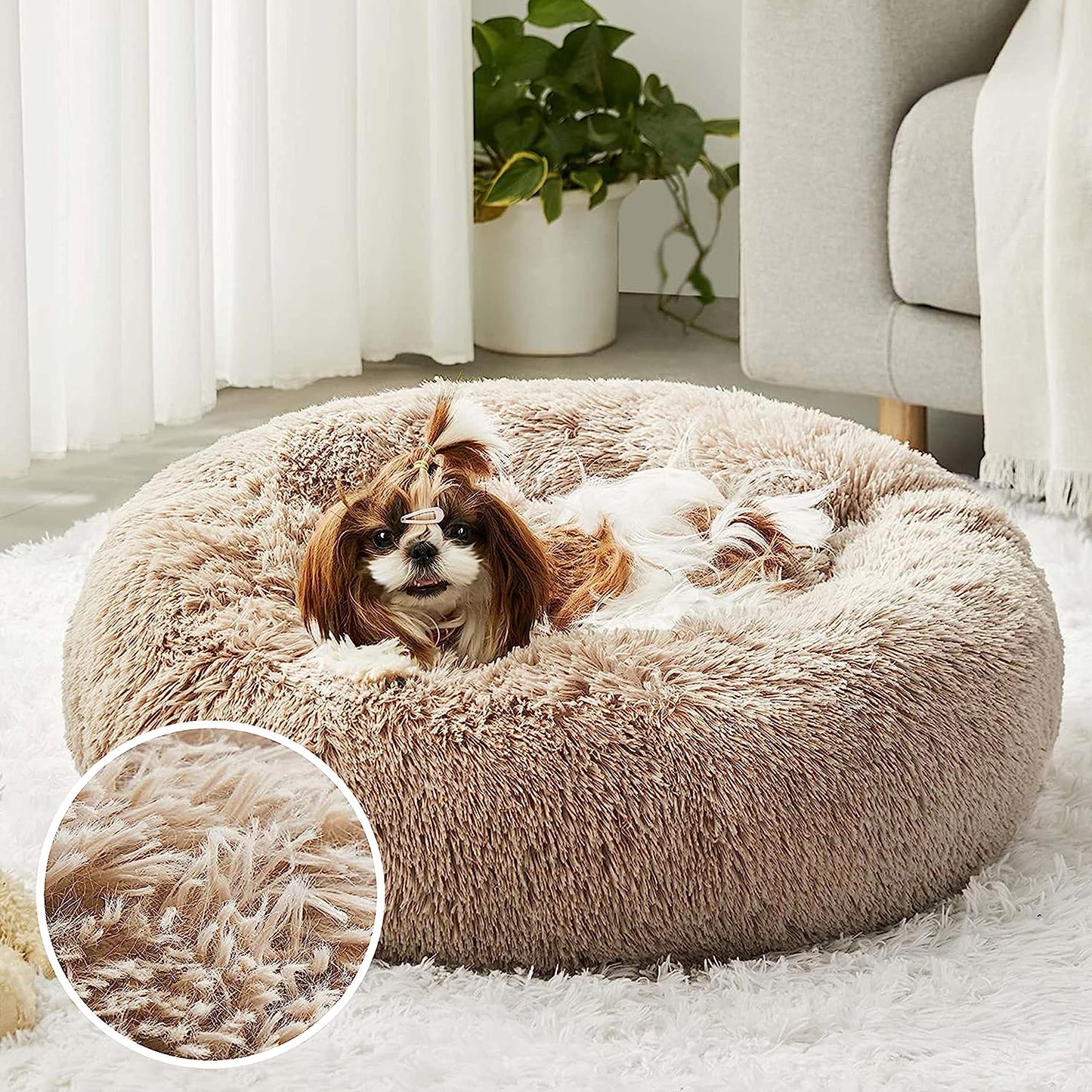 Faux Fur Donut Cuddler Pet Bed - Calming Anti-Anxiety Bed - Washable Round Bed (20", Brown)