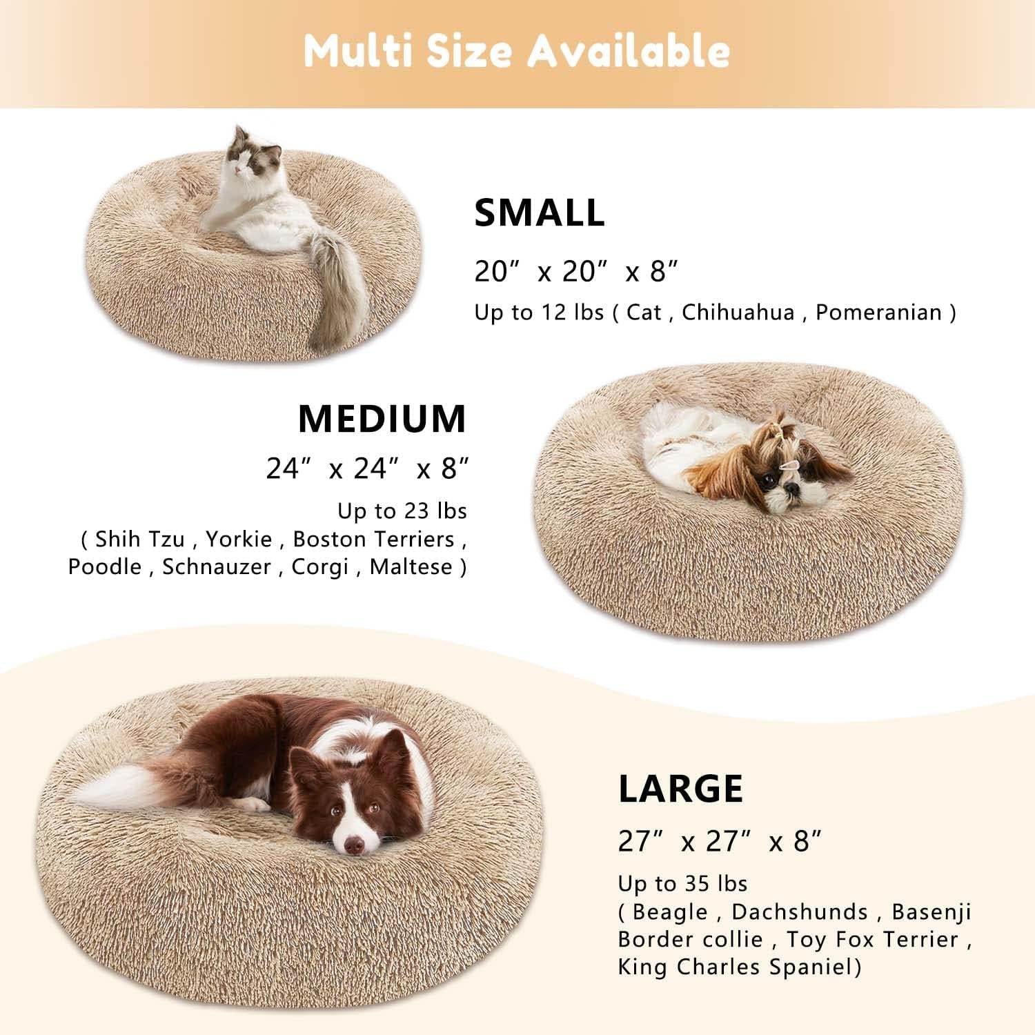 Faux Fur Donut Cuddler Pet Bed - Calming Anti-Anxiety Bed - Washable Round Bed (20", Brown)