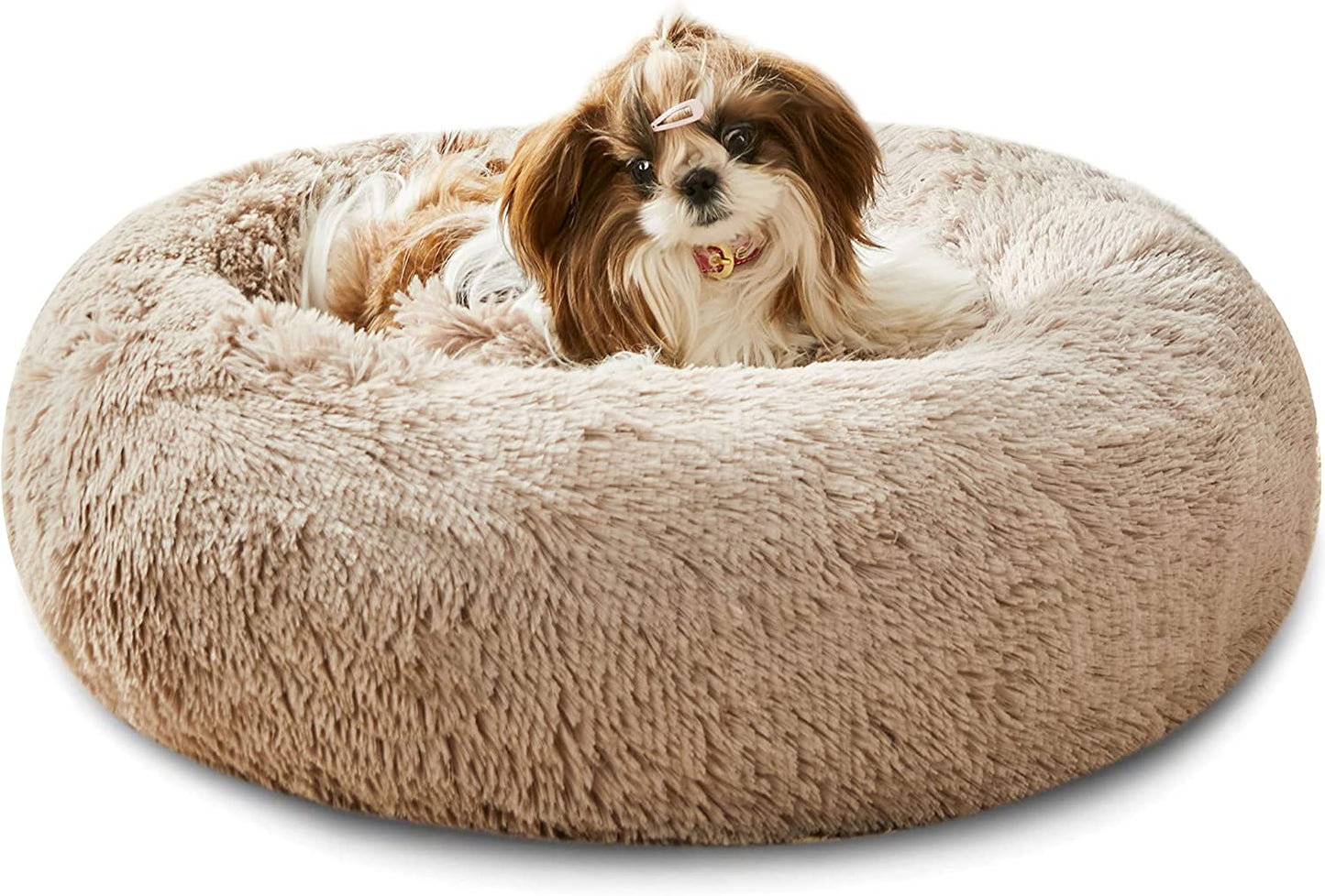 Faux Fur Donut Cuddler Pet Bed - Calming Anti-Anxiety Bed - Washable Round Bed (20", Brown)