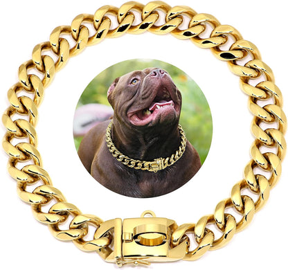 Gold Dog Chain Collar,Metal Choke 19Mm Collar with Design Secure Buckle, Stainless Steel 18K Cuban Link for Small Medium Large Dogs Walking Training,19"