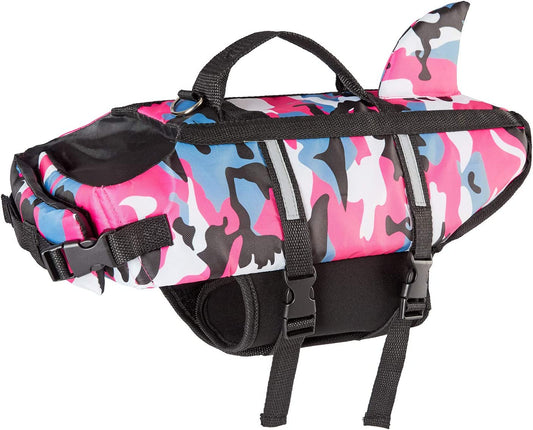 Small Dog Life Jacket for Dogs Pink Ripstop XS Camo Dog Life Vest with Rescue Handle Shark Fin Pet Floatation Vest Saver for Swimming, Boating