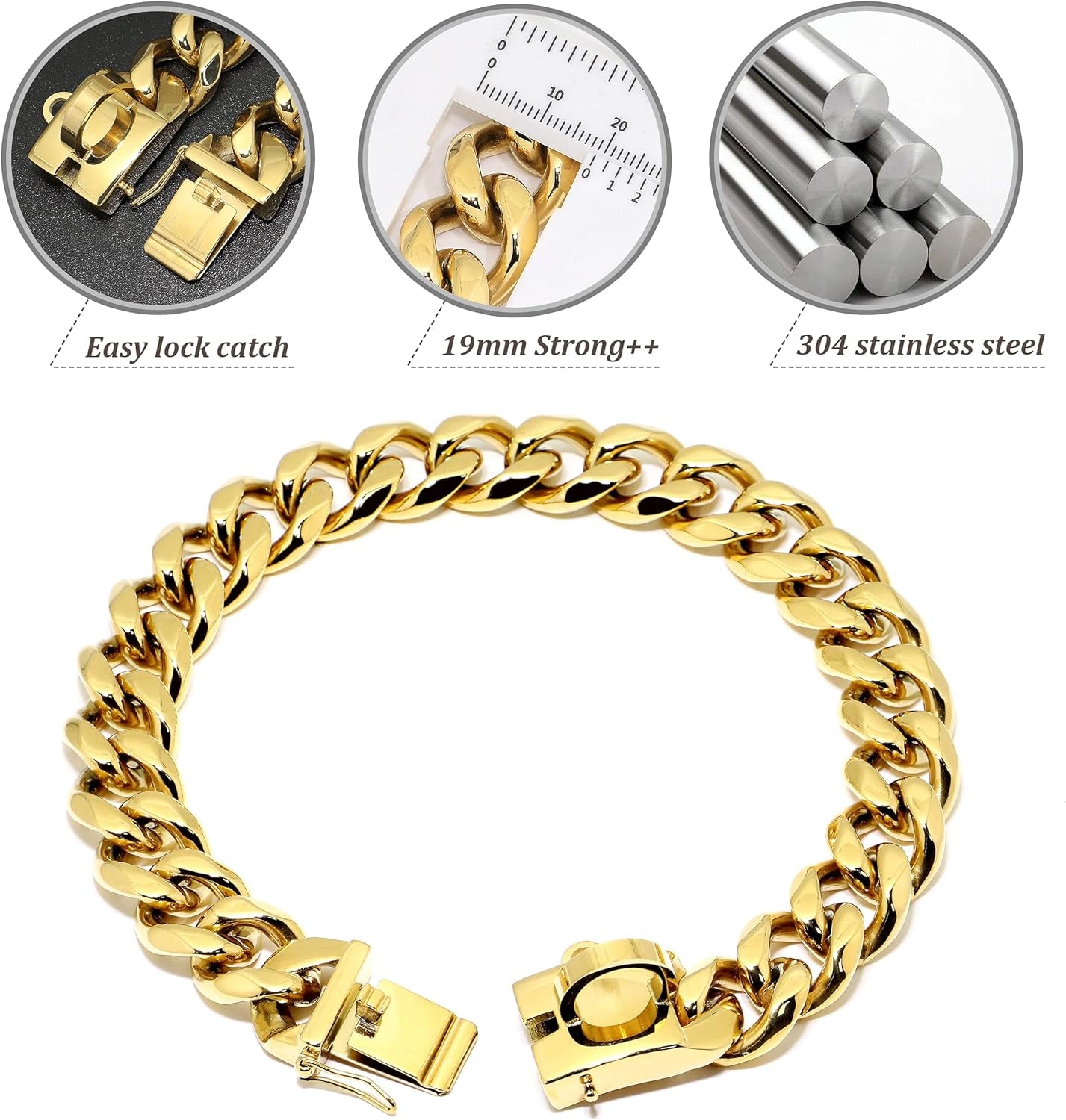 Gold Dog Chain Collar,Metal Choke 19Mm Collar with Design Secure Buckle, Stainless Steel 18K Cuban Link for Small Medium Large Dogs Walking Training,19"