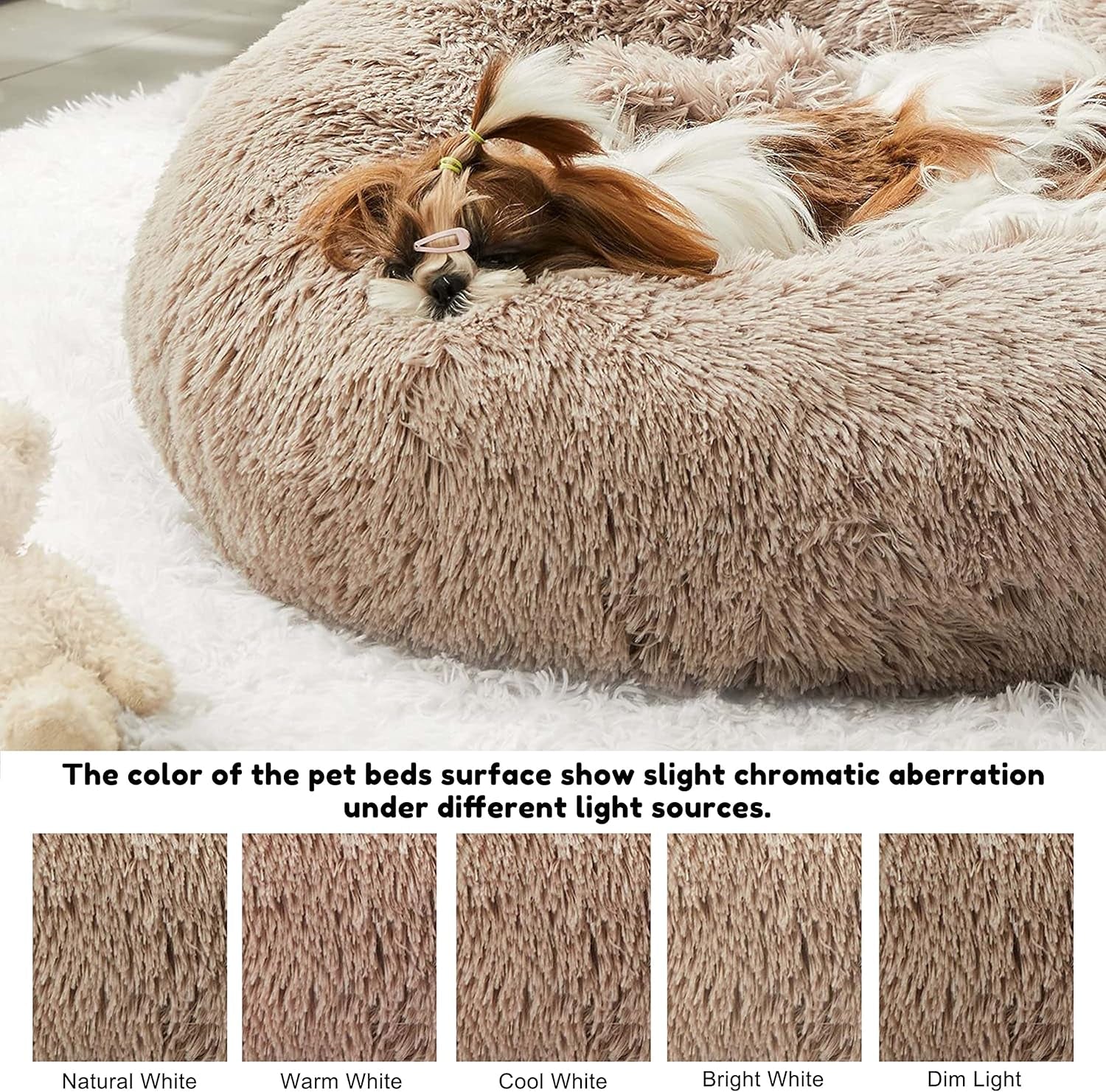 Faux Fur Donut Cuddler Pet Bed - Calming Anti-Anxiety Bed - Washable Round Bed (20", Brown)