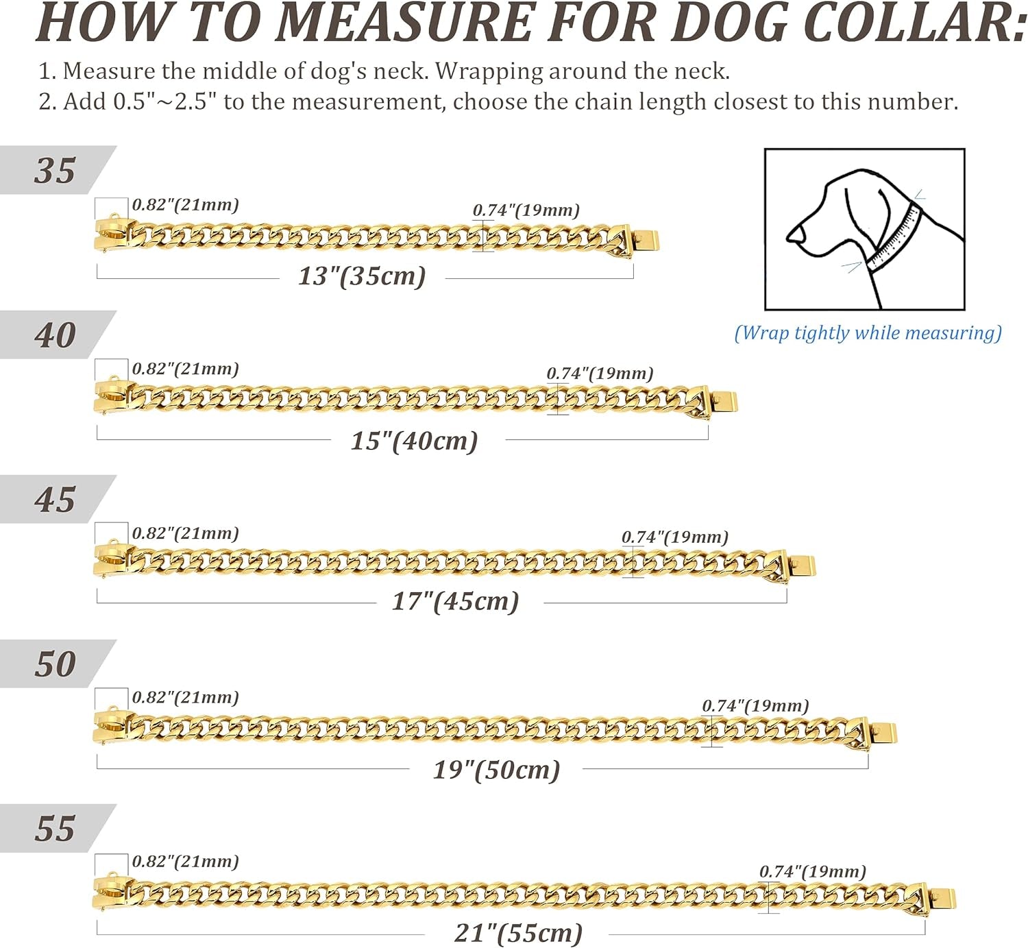 Gold Dog Chain Collar,Metal Choke 19Mm Collar with Design Secure Buckle, Stainless Steel 18K Cuban Link for Small Medium Large Dogs Walking Training,19"